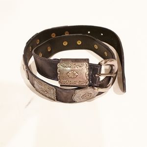 VINTAGE Brown Leather Belt with Silver Size 34"